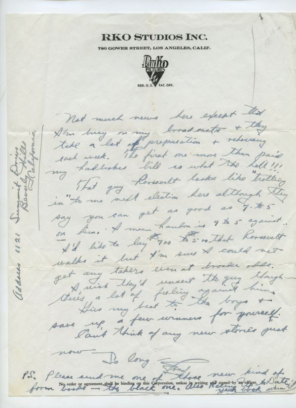 1936 Fred Astaire letter discussing the upcoming presidential election