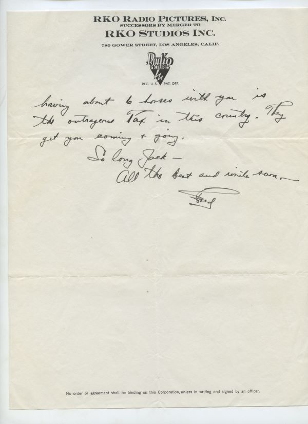 Letter from Fred Astaire to Jack Leach talking about his lack of money part 2