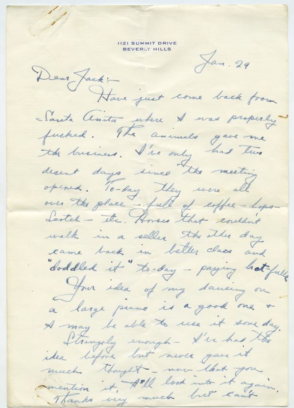 Letter from Fred Astaire to Jack Leach about dancing on a large piano, page 1
