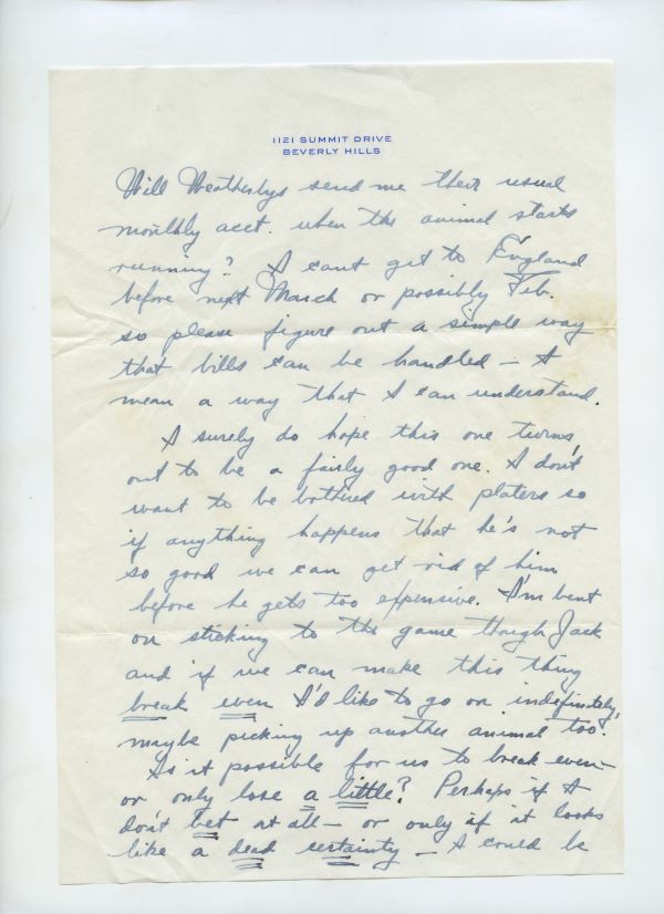 Letter from Fred Astaire to Jack Leach about Seabiscuit, page 2
