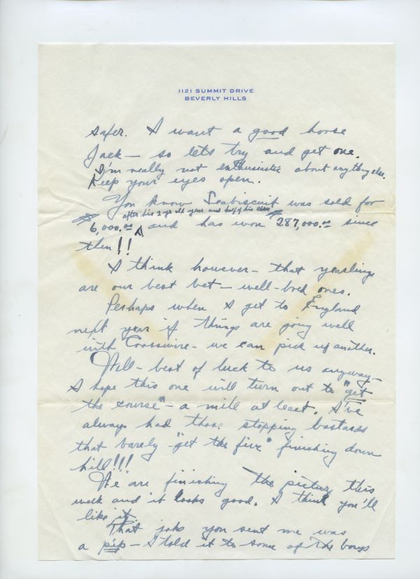Letter from Fred Astaire to Jack Leach about Seabiscuit, page 3