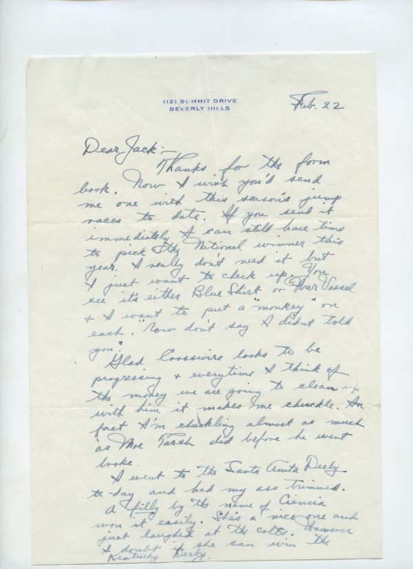 Letter from Fred Astaire to Jack Leach about Blue Shirt or War Vessel, page 1