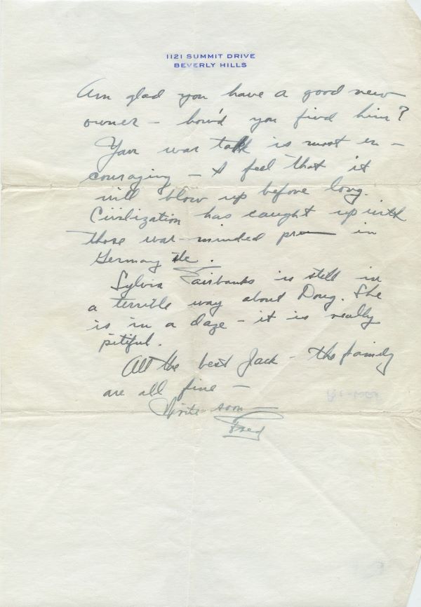 Letter from Fred Astaire to Jack Leach about Sylvia Fairbanks, page 2
