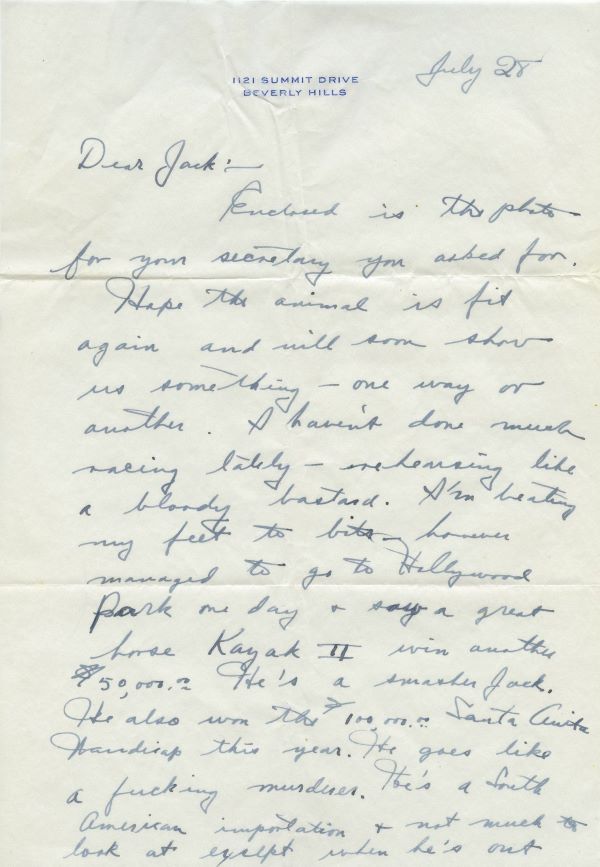 Letter from Fred Astaire to Jack Leach about Blue Peter and the St Leger Stakes, page 1