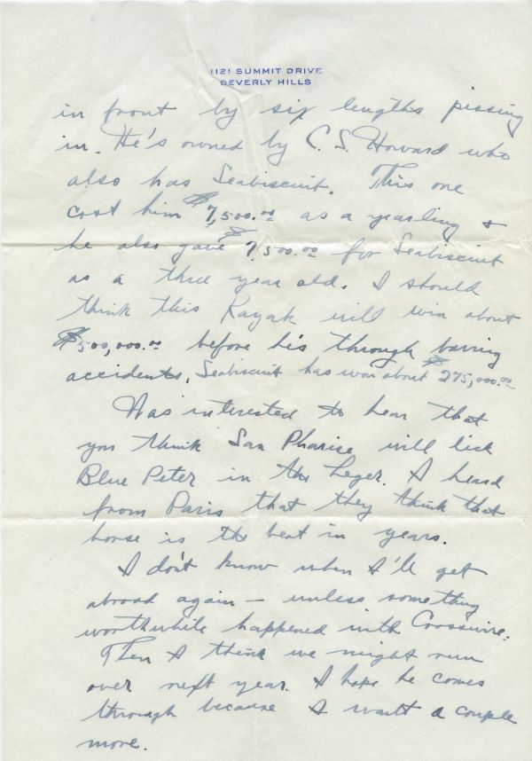 Letter from Fred Astaire to Jack Leach about Blue Peter and the St Leger Stakes, page 2