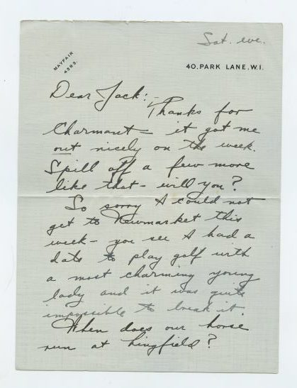 Letter from Fred Astaire to Jack Leach discussing racing silks, page 1