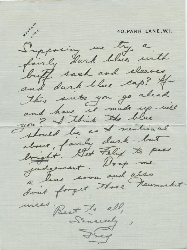 Letter from Fred Astaire to Jack Leach discussing racing silks, page 3