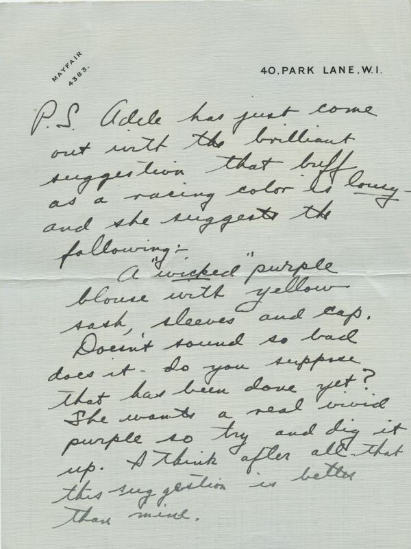Letter from Fred Astaire to Jack Leach discussing racing colours, page 4