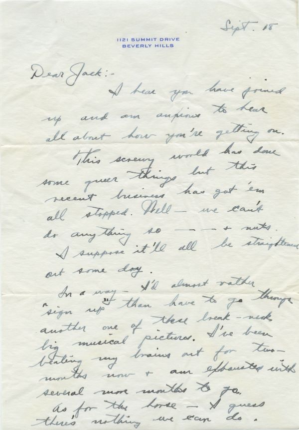 Letter from Fred Astaire to Jack Leach about when Jack joined up, page 1