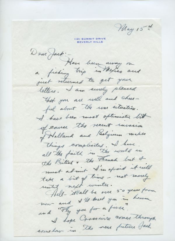 Letter from Fred Astaire to Jack Leach about the invasion of Holland and Belgium, page 1