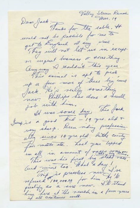Letter from Fred Astaire to Jack Leach about Triplicate (Trip), Fred's most successful racehorse, page 1