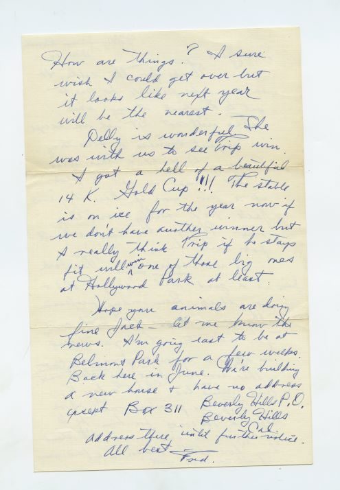 Letter from Fred Astaire to Jack Leach about Triplicate (Trip), Fred's most successful racehorse, page 2