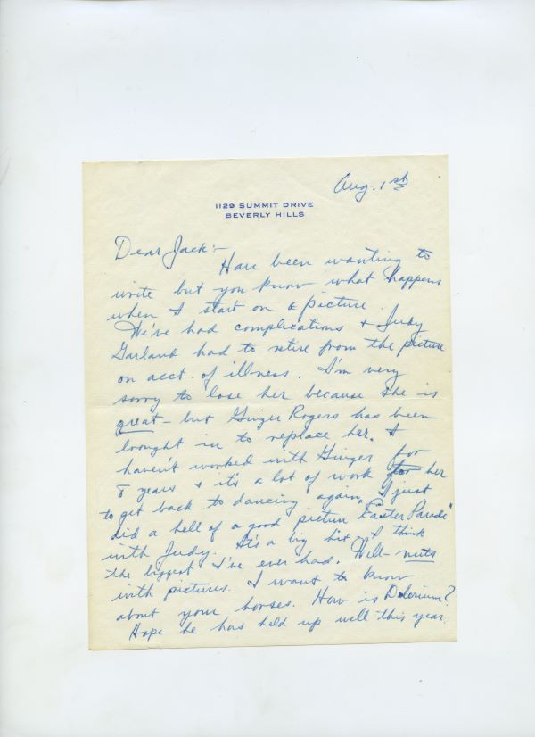 Letter from Fred Astaire to Jack Leach about Ginger Rogers, page 1