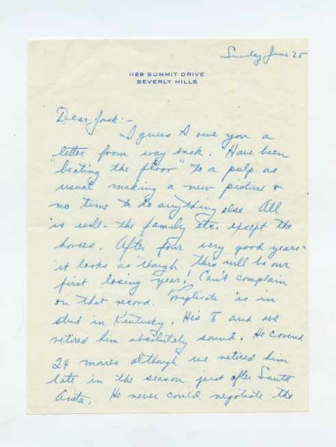 Letter from Fred Astaire to Jack Leach about Hollywood Park, page 1