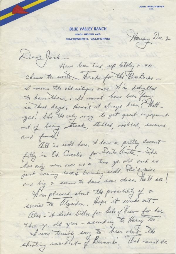 Letter from Fred Astaire to Jack Leach about horseracing and Hyperion, page 1
