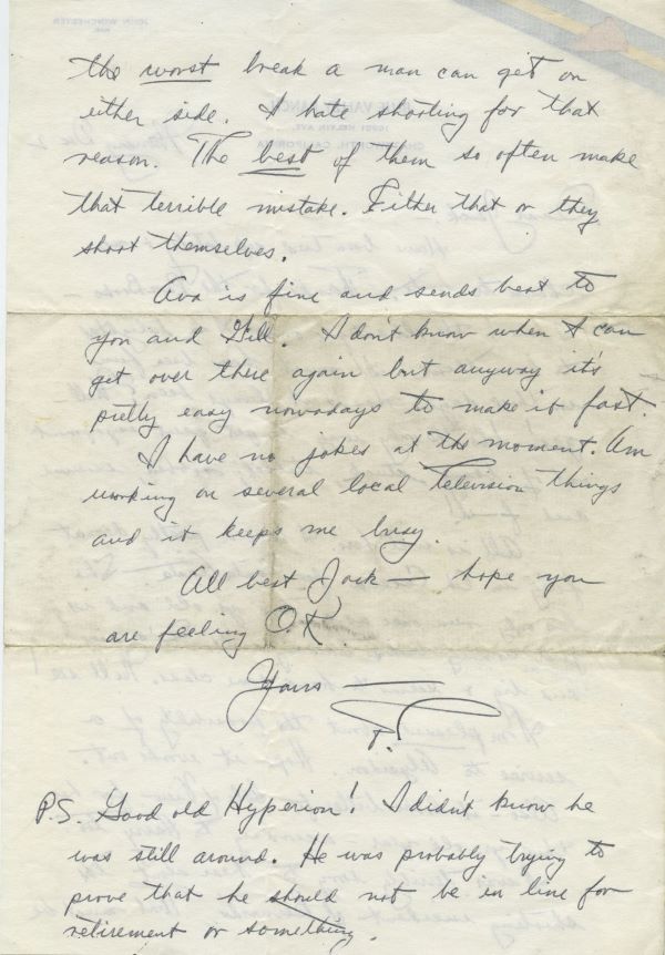 Letter from Fred Astaire to Jack Leach about horseracing and Hyperion, page 2