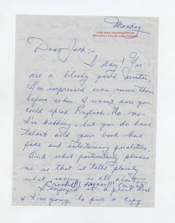 Letter from Fred Astaire to Jack Leach in which Fred praises Jack for being a bloody good writer, page 1