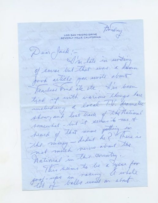 Letter from Fred Astaire to Jack Leach about an article Jack wrote called 'Fearless Fred', page 1