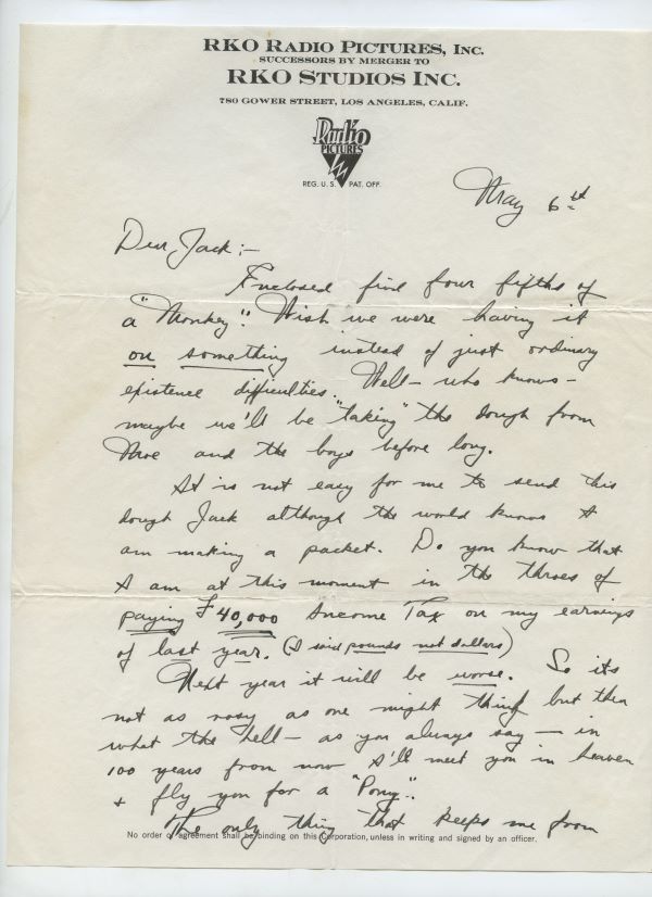 Letter from Fred to Jack Leach talking about his lack of money