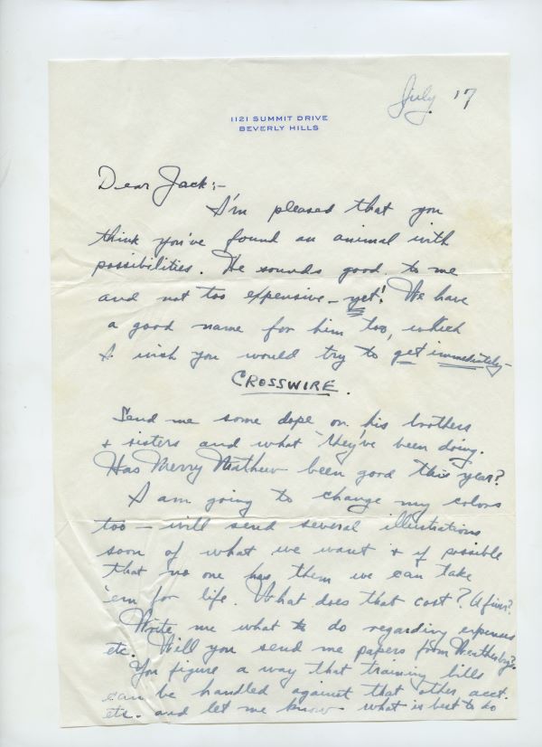 Letter from Fred Astaire to Jack Leach about Seabiscuit, page 1