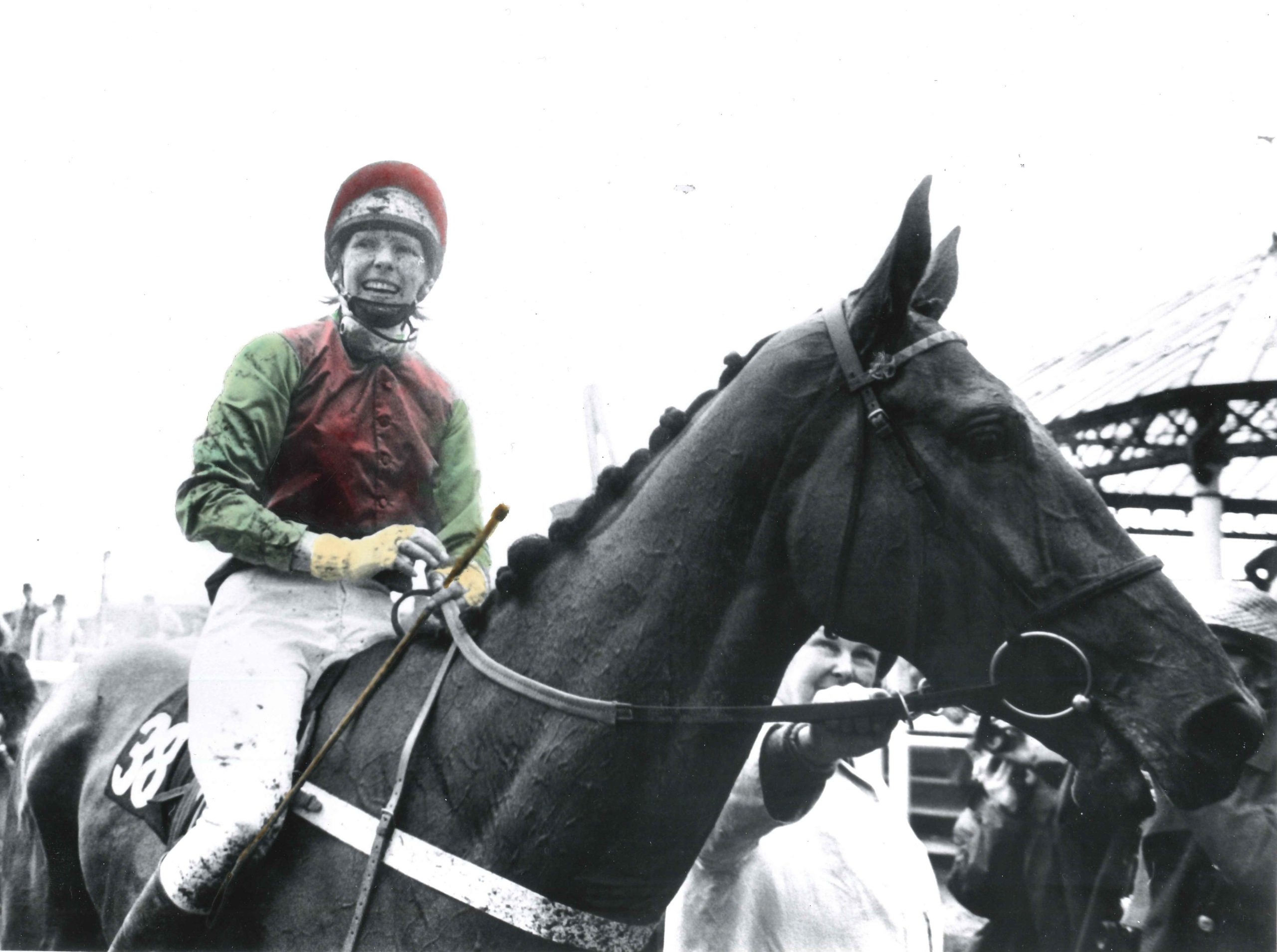 Women Jockeys - Meriel Tufnell on Scorched Earth after winning the Goya Stakes at Kempton, 1972